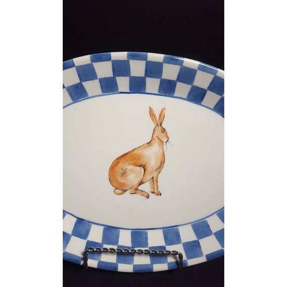 Easter Bunny Rabbit oval serving dish plate Blue Gingham Italian tableware - Picture 5 of 10